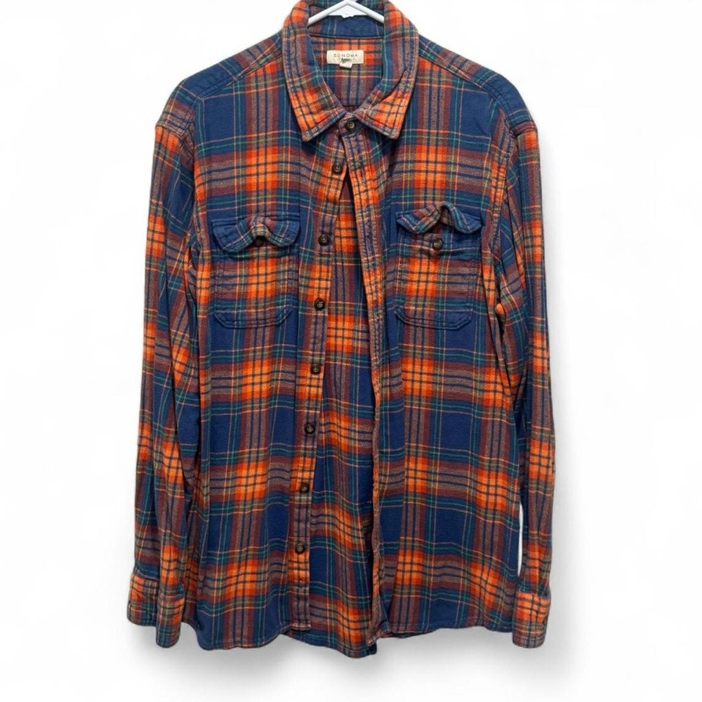 Sonoma Navy and Orange Plaid Button Down Shirt
